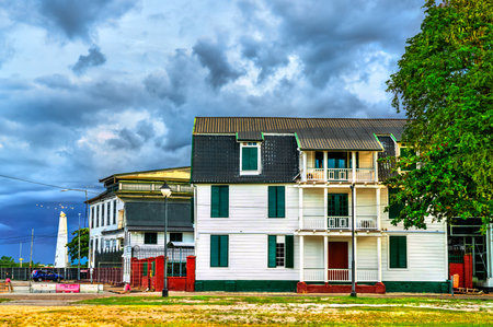 Traditional houses in the historic center of Paramaribo, UNESCO world heritage in Suriname, South Americaの写真素材
