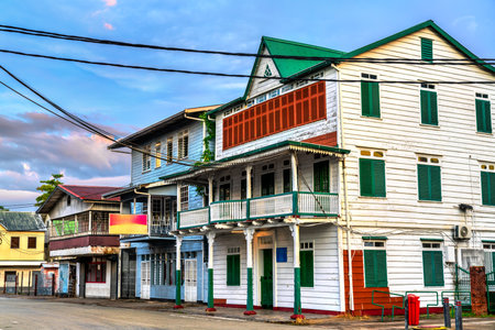 Traditional houses in the historic center of Paramaribo, UNESCO world heritage in Suriname, South Americaの写真素材