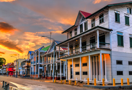 Traditional houses in the historic center of Paramaribo, UNESCO world heritage in Suriname, South Americaの写真素材