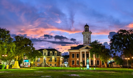 Historic building of Ministry of Finance of Suriname in Paramaribo at sunsetの写真素材