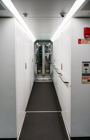 Intercarriage gangway passage of commuter train San Francisco - San Jose in the Bay Area,...