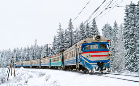 Old soviet regional train with snow-covered trees in the Carpathian Mountainsの写真素材