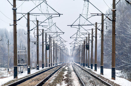 Railway tracks and signals in winter in Chernihiv Region of Ukraineの写真素材