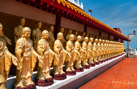Striking row of golden Buddha statues aligned in front of a traditional red-tiled corridor at Fo Guang Shan Monastery in Kaohsiung, Taiwan. The figures stand in peaceful poses beneath an ornately decorated roof under a vivid blue sky, capturing the grandeur and tranquility of this significant Buddhist siteの写真素材