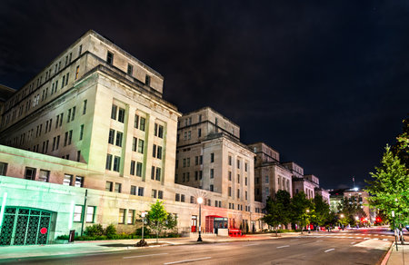 The United States Department of the Interior Main Building in Washington, D.C., United States. Also known as the Stewart Lee Udall Building, it serves as the departments headquarters and is illuminated at nightの写真素材