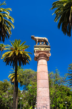 Statue of the Capitoline Wolf, Lupa Capitolina on a column in Parque Italia, Valparaiso. Palm trees frame the monument under a blue skyの写真素材