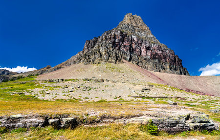 Clements Mountain rises above alpine meadows near Logan Pass in Glacier National Park Montana. Sedimentary rock layers of Lewis Range are visible on this iconic peak under clear blue skyの写真素材