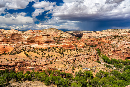 Escalante River winds through canyon at Boynton Overlook in Grand Staircase-Escalante, Utah. Green...