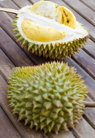 Durian fresh yellow  fruit on wooden backgroundの写真素材