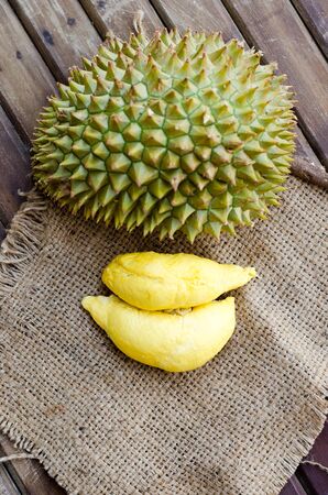 Durian fresh yellow  fruit on wooden backgroundの写真素材
