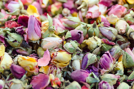 Dried roses buds as a background. Rose tea mixture.