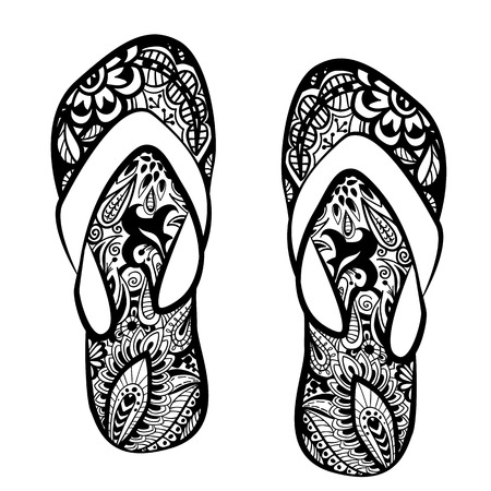 Stylized fantasy patterned pair of flip flops. Ornamental line art. Hand drawn doodle tattooのイラスト素材