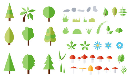Vector set of forest elements. Trees, flowers, mushrooms, leaves, grassのイラスト素材
