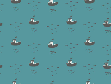 Seagulls and boats sea view seamless pattern.のイラスト素材