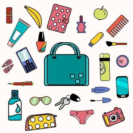 Woman bag content with smartphone, cosmetics and drinking bottle.のイラスト素材