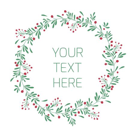 Round frame with green leaves, branches and red berries.のイラスト素材