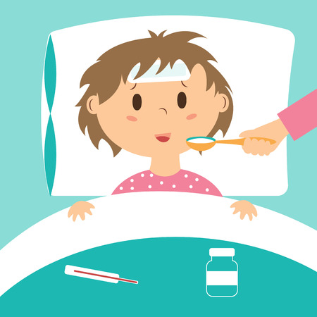 Sick kid taking medicine laying in bed.のイラスト素材