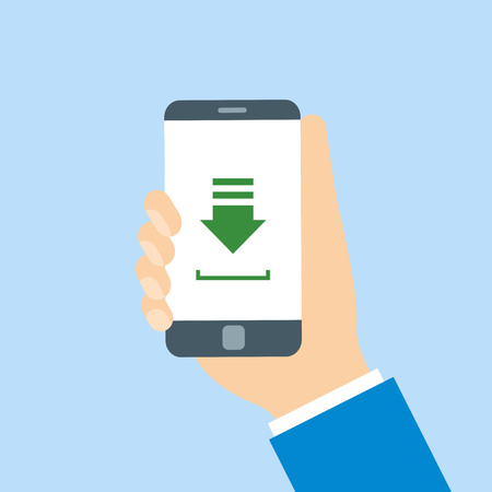 Hands holding phone with file downloading icon on screen.のイラスト素材
