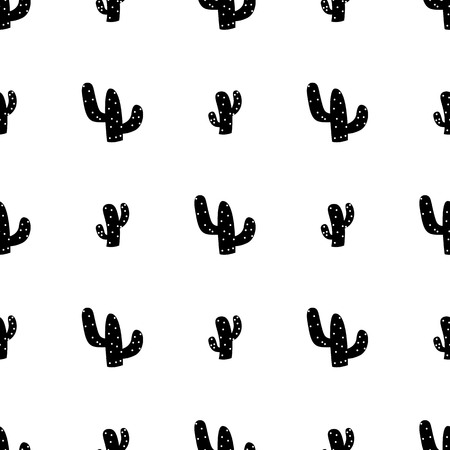 Black and white seamless pattern with cactus hand-drawn silhouettes.のイラスト素材