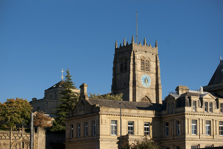 View of Bradford Cathedral from Forster Square showing the main tower against blue sky. September, 2013のeditorial素材