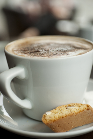 A Cappuccino with chocolate dusting on the foam with an italian Biscotti perched on the rim of the saucer in a cafe style settingの写真素材