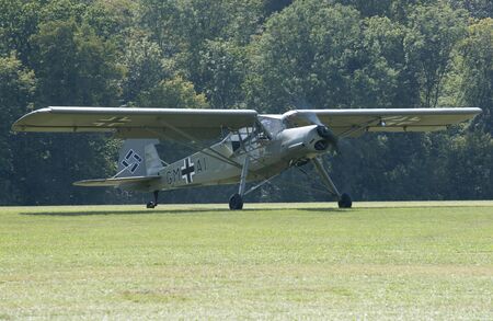 Fieseler Fi 156 Storch displaying at Hahnweide Oldtimers Airshow, Hahnweide Airfield, Baden-Wurttemberg, Stuttgart, Germany - 3rd September 2011のeditorial素材