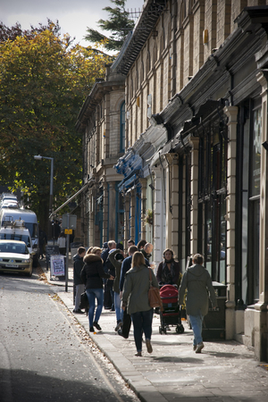 View of Victoria Road in shopping street in Saltaire, Bradford, West Yorkshire. October, 2013のeditorial素材
