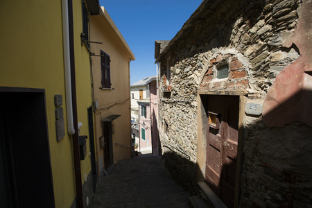 A view of the closely packed houses in the Cinque Terre village of Manarola in La Spezia, Liguria, Italy - 16th May 2016のeditorial素材