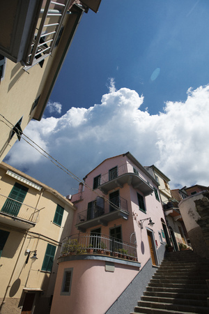 A view of the closely packed houses in the Cinque Terre village of Manarola in La Spezia, Liguria, Italy - 16th May 2016のeditorial素材