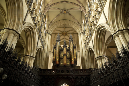Organ and choir interior view of Beverely Minster from the choir, Beverley, East Riding of Yorkshire, UK - March 2014のeditorial素材