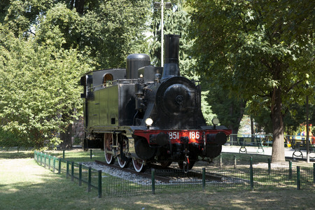 Steam Locomotive on display in a public park, Como, Italy, August 2011のeditorial素材