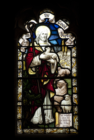 Detail of a stained glass window with a shepherd in Crowland Abbey, Crowland, Lincolnshire, England - 27th April 2013のeditorial素材