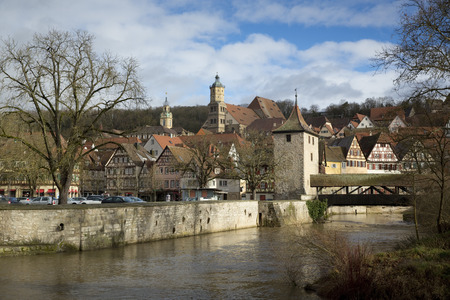 Bridge and River Kocher, Schwabisch Hall, Baden-Wurttemberg, Germany - December 2013のeditorial素材