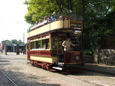 An old vintage tram at the National Tramway Museum at Crich - June 2006, Crich, Derbyshire, United Kingdomのeditorial素材