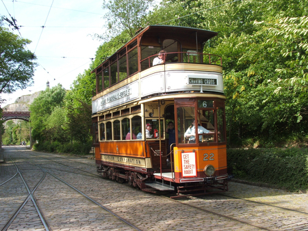 An old vintage tram at the National Tramway Museum at Crich - June 2006, Crich, Derbyshire, United Kingdomのeditorial素材