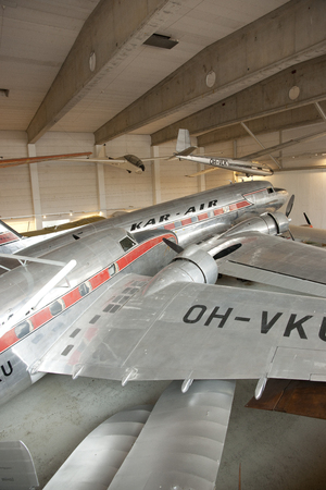 A view of a Lockheed Lodestar and Douglas Dc3 at the Finnish Aviation Museum near Helsinki, 16th June 2013 - Helsinki Airport, Helsinki, Finlandのeditorial素材