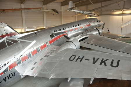 A view of a Lockheed Lodestar and Douglas Dc3 at the Finnish Aviation Museum near Helsinki, 16th June 2013 - Helsinki Airport, Helsinki, Finlandのeditorial素材
