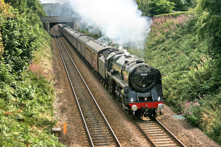Britannia Steam Loco number 70013 Oliver Cromwell at Pannal, Yorkshire, United Kingdom - 27th August 2009のeditorial素材