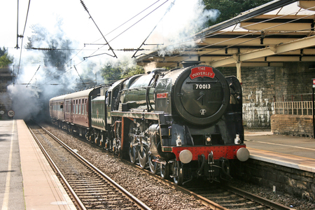 Britannia Steam Loco number 70013 Oliver Cromwell with the Waverley special, Bingley, Yorkshire, United Kingdom - 30th August 2009のeditorial素材