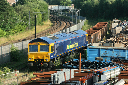 Advenza Class 66 freight loco number 66844 at Shipley Crossley Evans Scrapyard, Shipley, West Yorkshire, UK - 26th August 2009.のeditorial素材