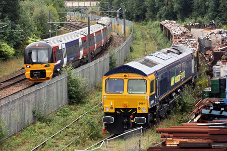 Advenza Class 66 freight loco number 66844 at Shipley Crossley Evans Scrapyard, Shipley, West Yorkshire, UK - 26th August 2009.のeditorial素材
