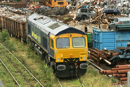 Advenza Class 66 freight loco number 66844 at Shipley Crossley Evans Scrapyard, Shipley, West Yorkshire, UK - 26th August 2009.のeditorial素材