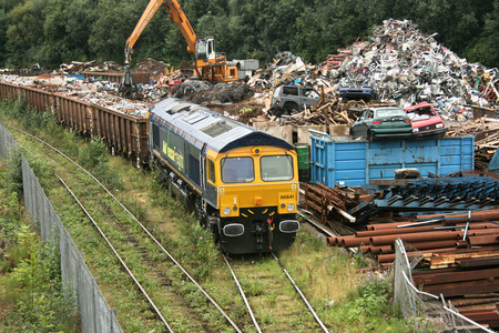 Advenza Class 66 freight loco number 66844 at Shipley Crossley Evans Scrapyard, Shipley, West Yorkshire, UK - 26th August 2009.のeditorial素材