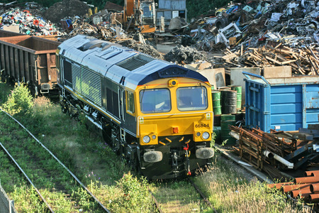 Advenza Class 66 freight loco number 66844 at Shipley Crossley Evans Scrapyard, Shipley, West Yorkshire, UK - 26th August 2009.のeditorial素材