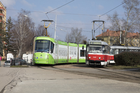 A new and old tram on the streets of Brno, Czech Republic - 20th February 2018のeditorial素材