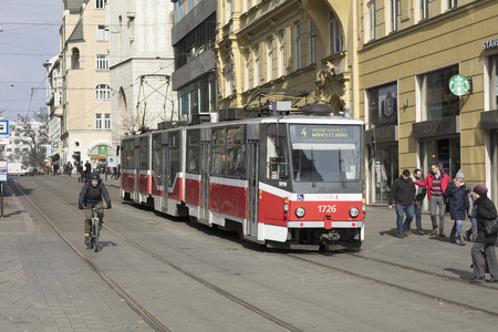 A tram on the streets of Brno, Czech Republic - 20th February 2018のeditorial素材