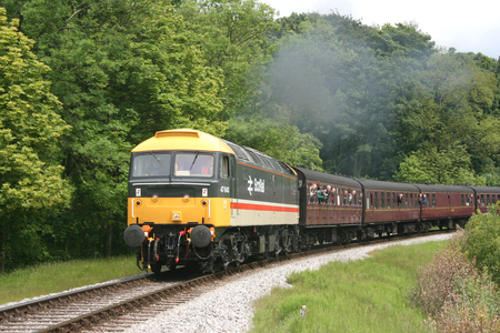 Class 47 47643 in ScotRail livery approaching Mytholmes at the Keighley and Worth Valley Railway, West Yorkshire, UK - June 2009のeditorial素材