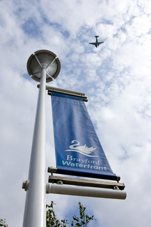 A view of Brayford Pool with Battle of Britain Memorial Flight Dakota flying over, Lincoln, Lincolnshire, United Kingdom -August 2009のeditorial素材