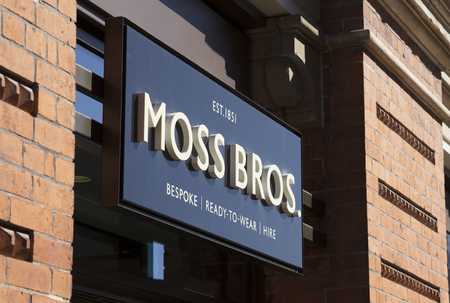 Moss Bros sign and entrance, Lincoln, Lincolnshire, UK - 5th April 2018のeditorial素材