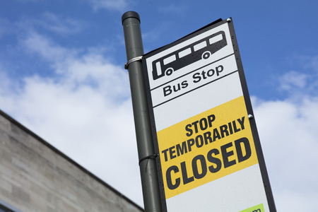 Bus stop sign with temporary closure notice, Station Road, Nottingham, Nottinghamshire, UK - 3rd April 2018のeditorial素材
